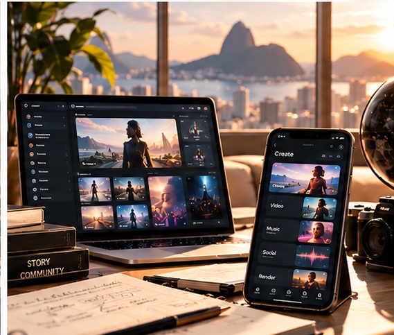 Creative technology platform displayed on a laptop and smartphone overlooking a global city