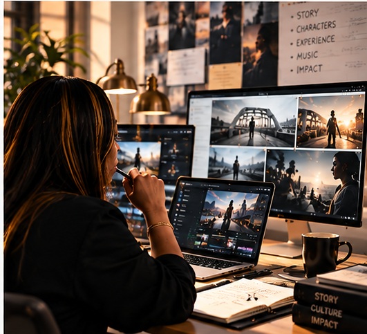 Creative executive reviewing visual storytelling concepts at a production workstation