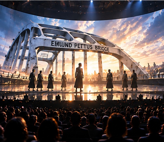 Immersive theatrical concept featuring the Edmund Pettus Bridge and a small ensemble on stage
